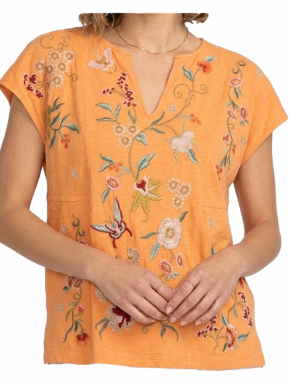Johnny Was Suki Easy Paneled Tee Size S Embroidered Orange Floral Women’s Top